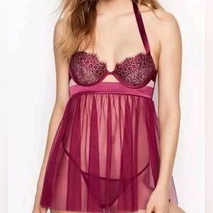 Victoria's Secret Deep Red Lace Chemise And Thong